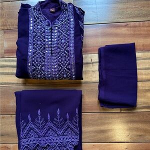 Deep Purple Embroidered Georgette Long Kurti with dupatta.